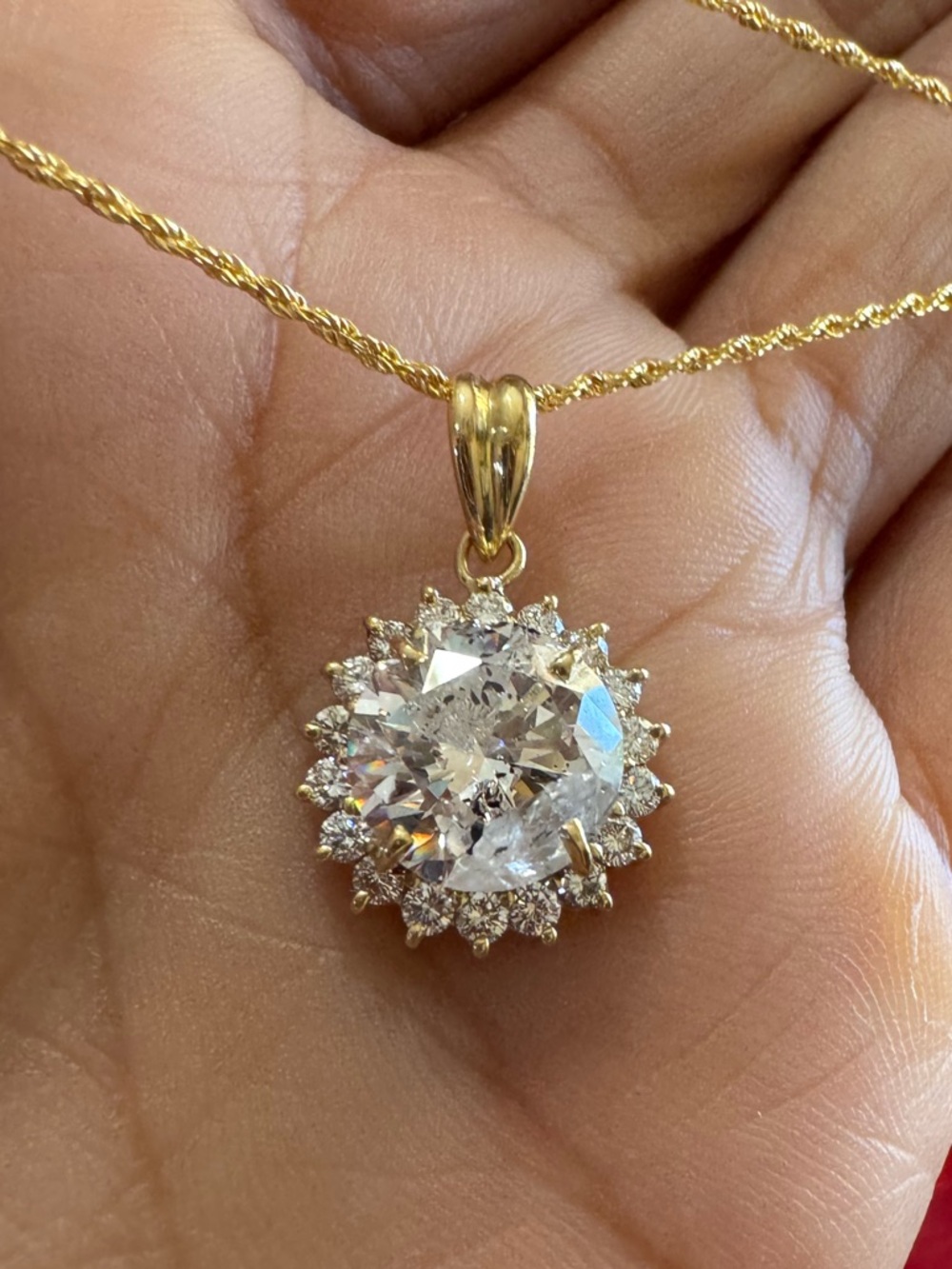 18K Yellow Gold Diamond Halo Pendant Necklace 3.83 CTW Natural Diamonds